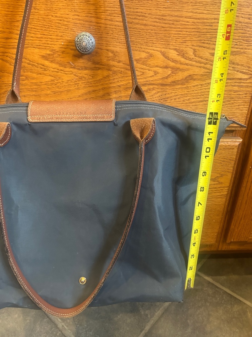 Longchamp Le Pliage Navy Tote with Brown Leather Trim - Picture 9 of 13